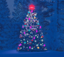 Dreamlike winter scenery. Decorated christmas tree with red star on its top among snow-covered fir trees under starry night sky. Decorative 3D illustration.